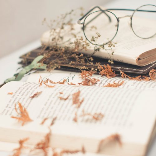 Two open books with a pair of glasses and dried flowers.